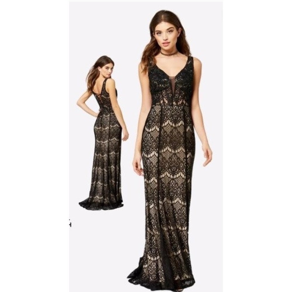Say Yes to the Prom Sz 5 Black Nude Lace Illusion Mermaid Formal Prom Gown Dress